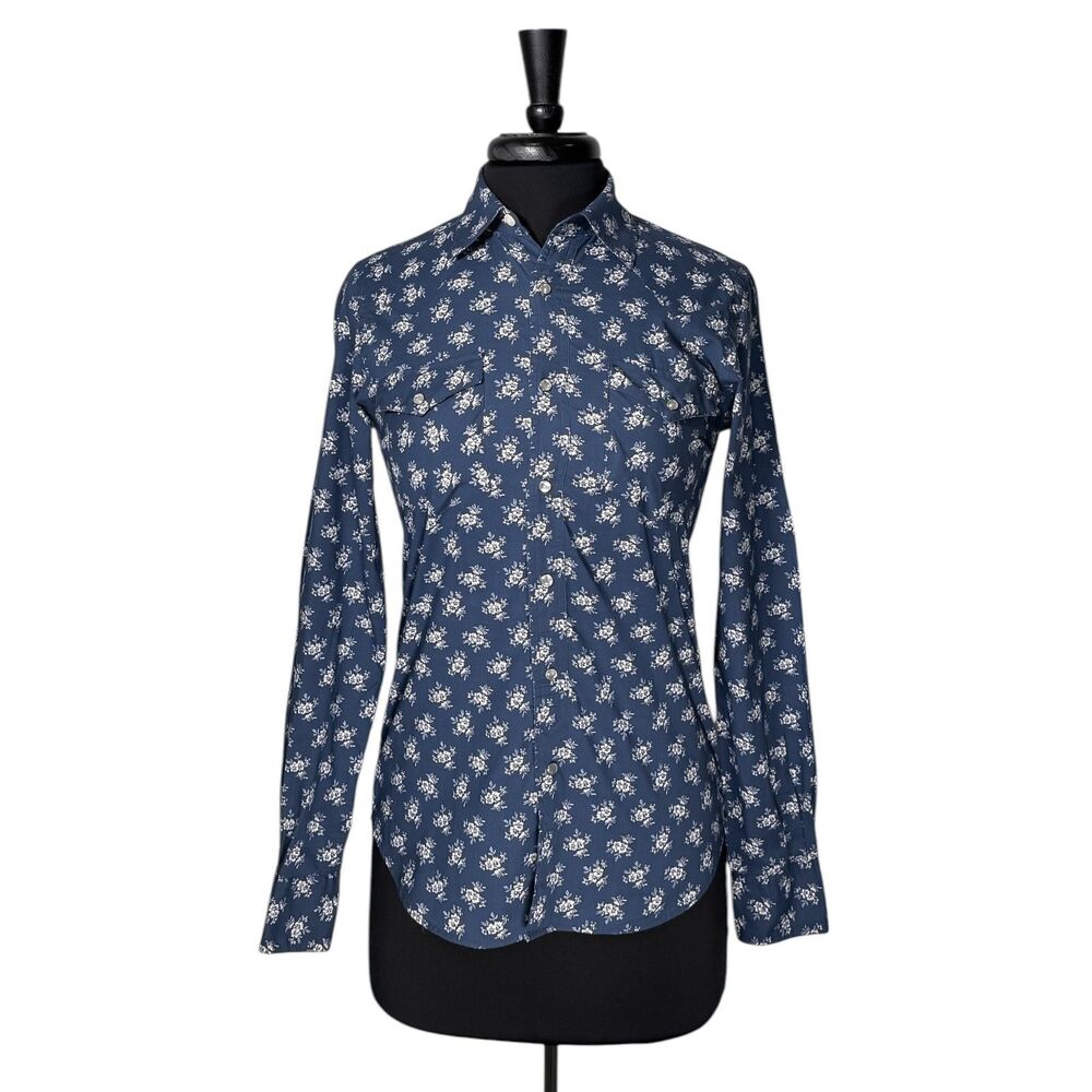 Ralph Lauren Sport Womens 4 Blue Floral Western Pearl Snap Cotton Shirt Cowgirl